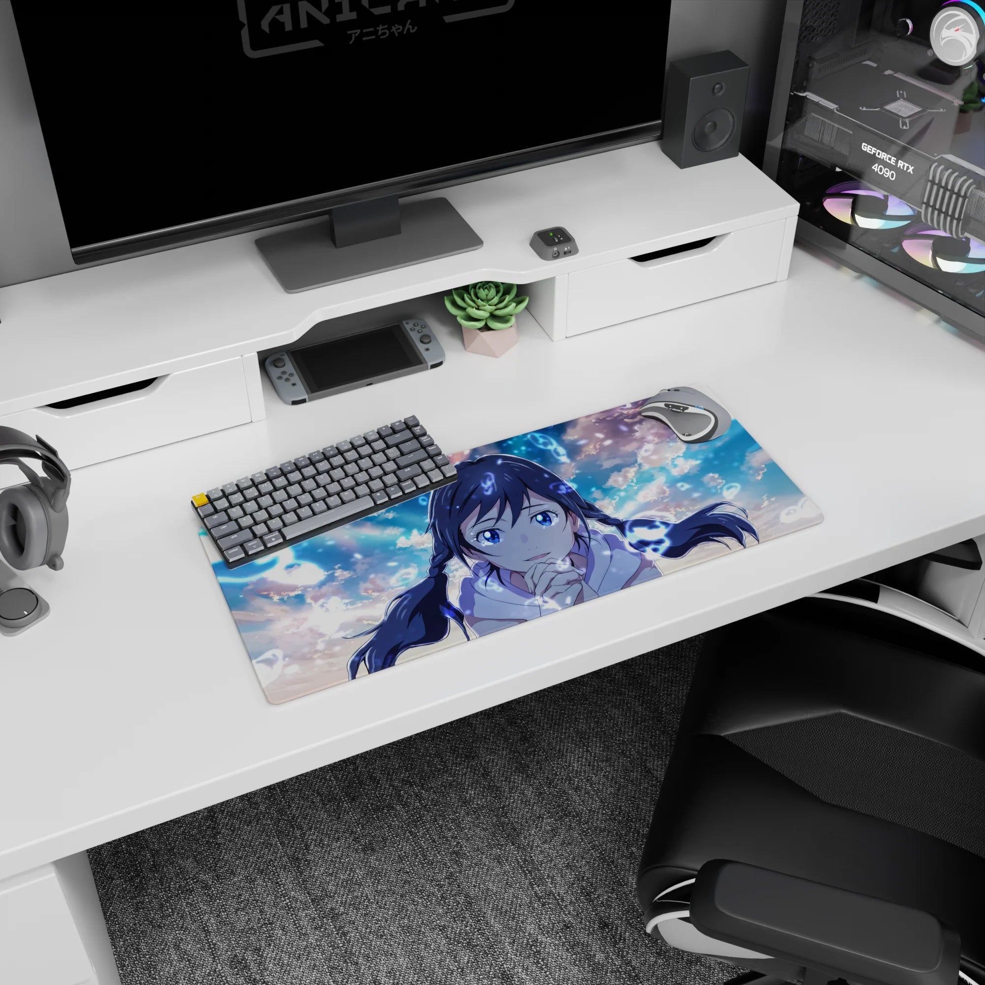 28x12 inches mouse pad showing a cute anime girl leaning in to cheer you on, twin braids and sapphire eyes.