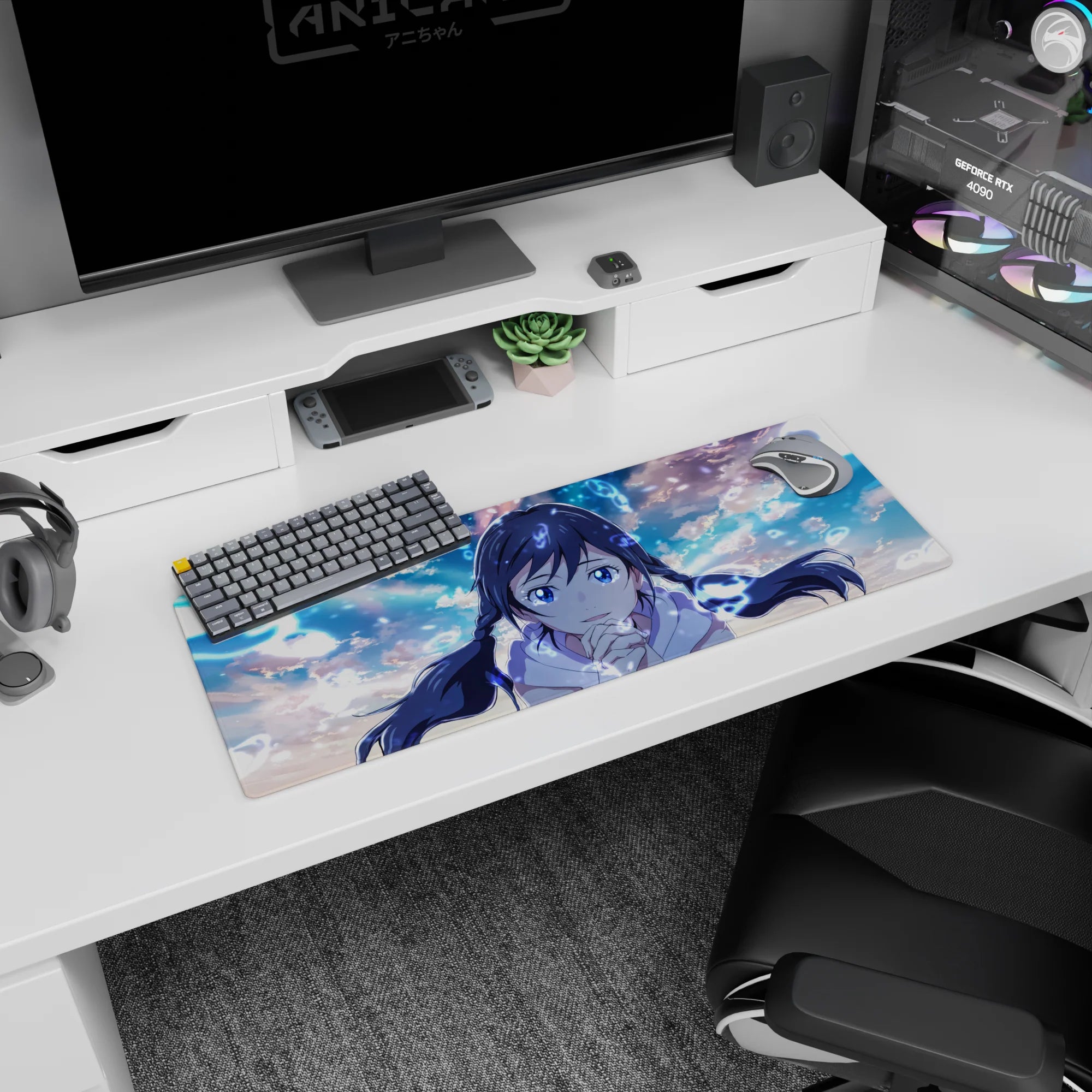 32x12 inches desk mouse pad showing a cute anime girl leaning in to cheer you on, with floating runes.