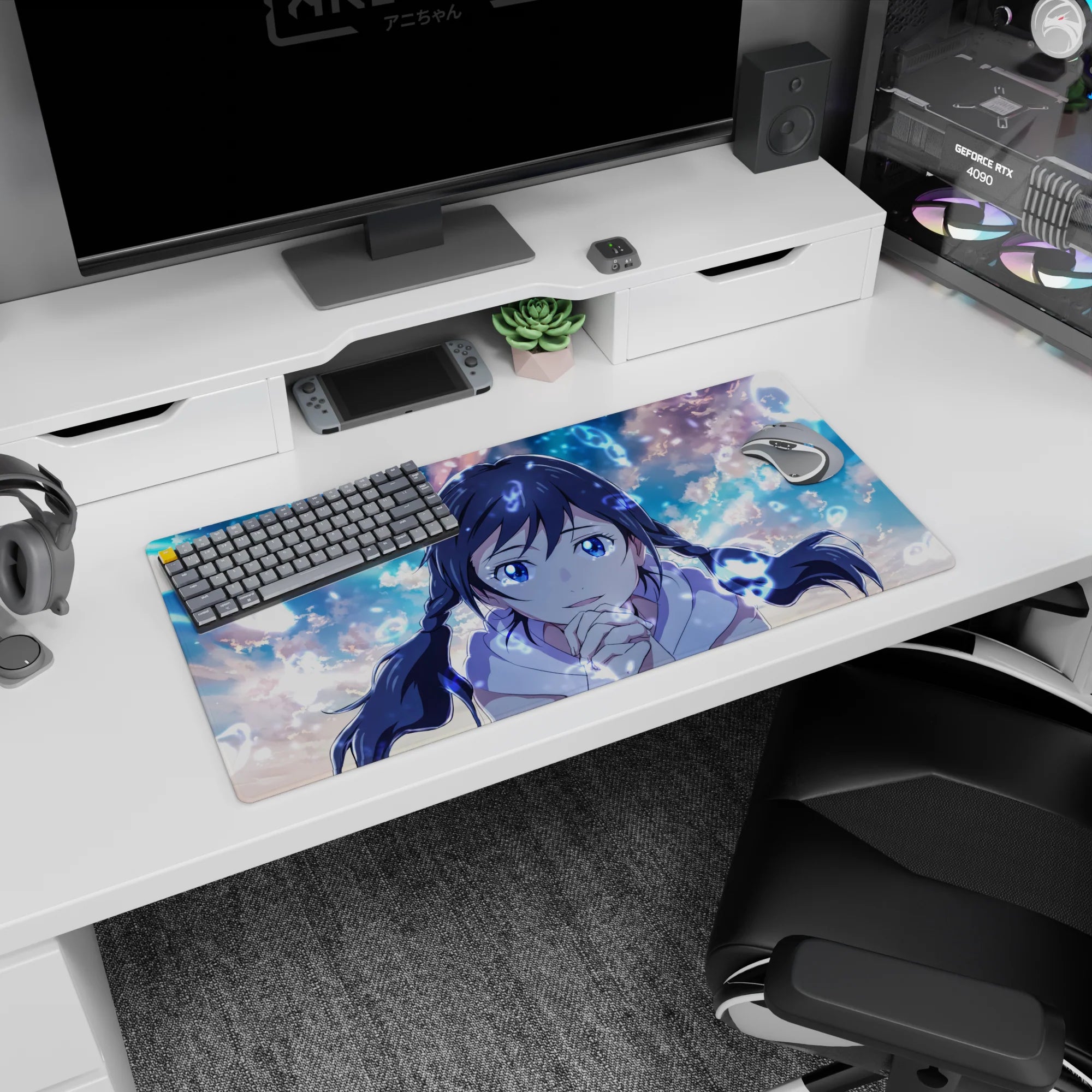 32x16 inches mouse pad showing a sapphire-eyed anime girl with twin braids leaning in to cheer you on.