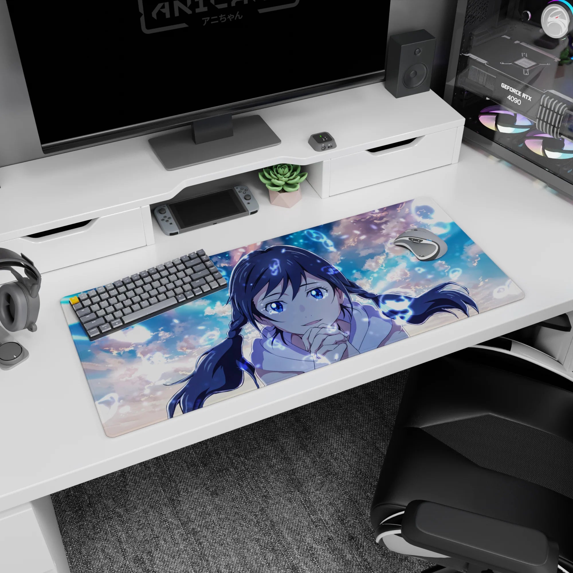 Cute braided anime girl leaning in to cheer you on, desk pad 36x16 inches with floating light runes.