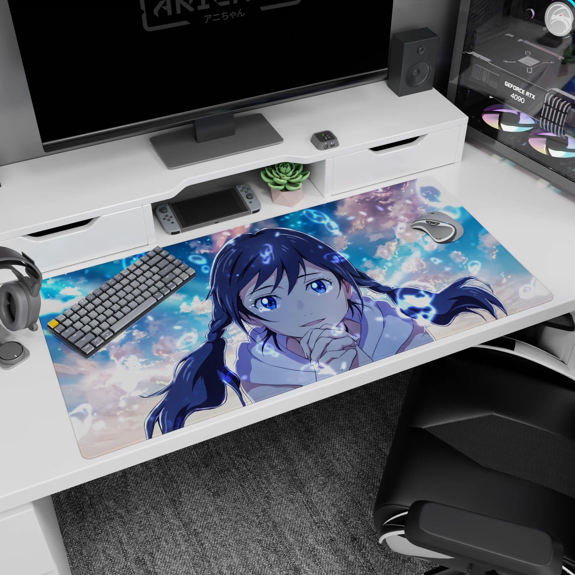 40x20 inches desk pad featuring a cute anime girl leaning in to cheer you on, with floating light swirls.