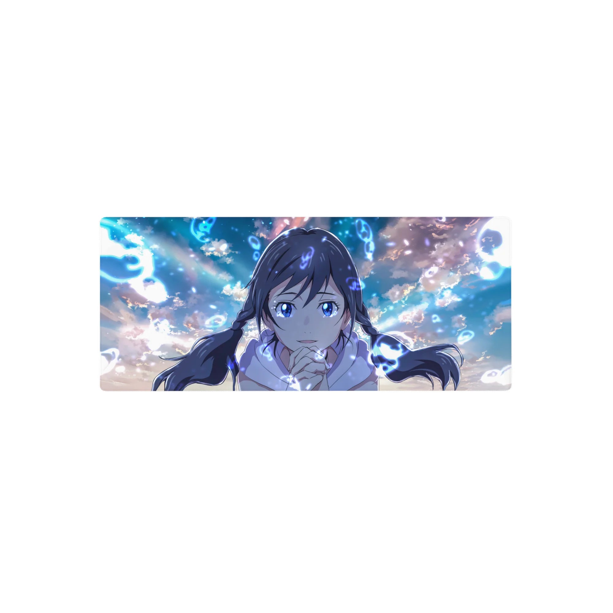 28x12 inches anime girl mouse pad with braided girl, bright blue eyes, clouds and glowing rune swirls.