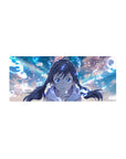 28x12 inches anime girl mouse pad with braided girl, bright blue eyes, clouds and glowing rune swirls.
