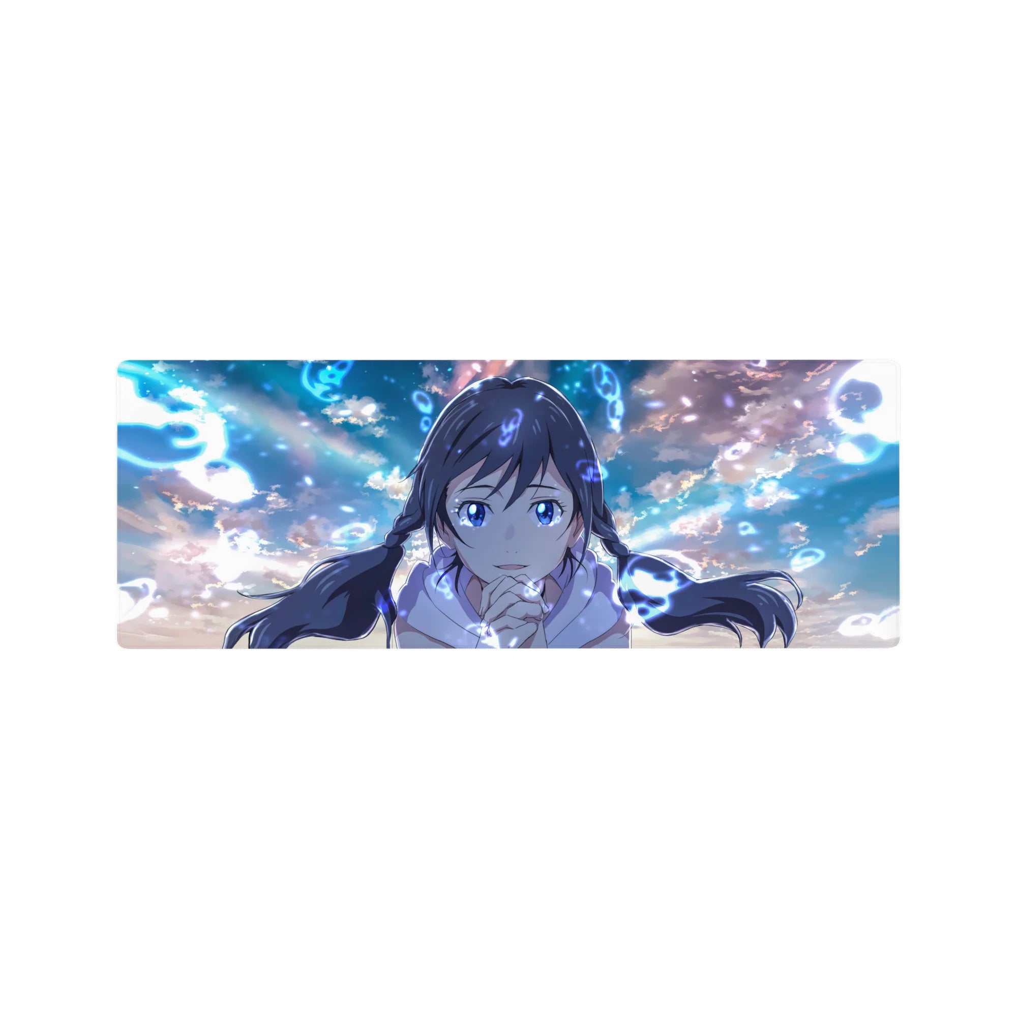 32x12 inches anime girl mouse pad with twin braids, sapphire eyes, clouds, and magical rune swirls.