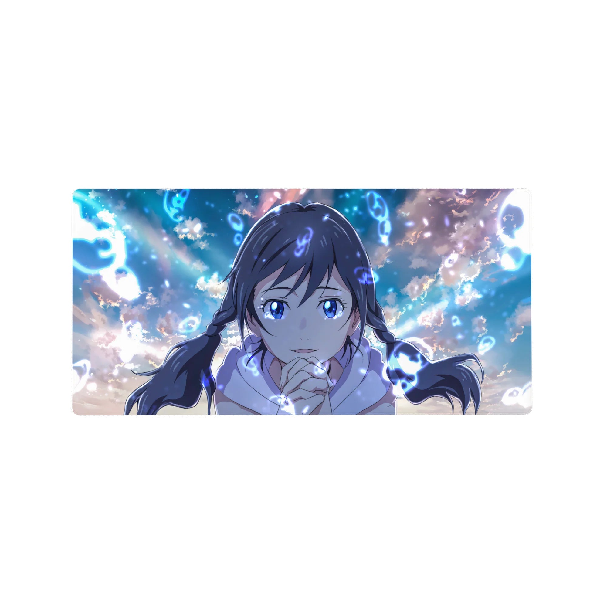 32x16 inches anime girl mouse pad with sky-blue clouds, twin-braid girl, and glowing runic swirls.