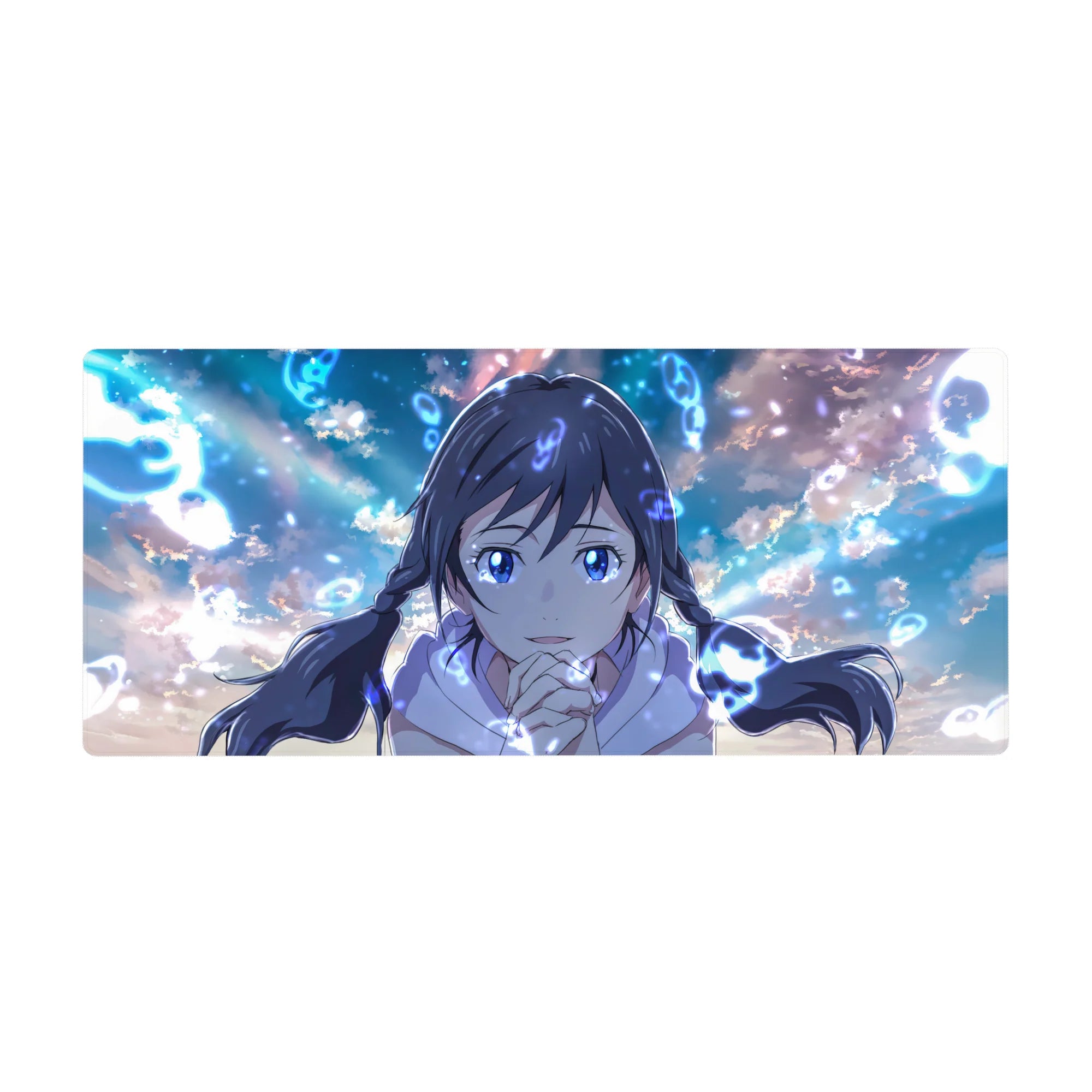 Anime girl desk pad 36x16 inches with twin braids, sapphire eyes, clouds, and glowing runic swirls.