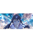 Anime girl desk pad 36x16 inches with twin braids, sapphire eyes, clouds, and glowing runic swirls.