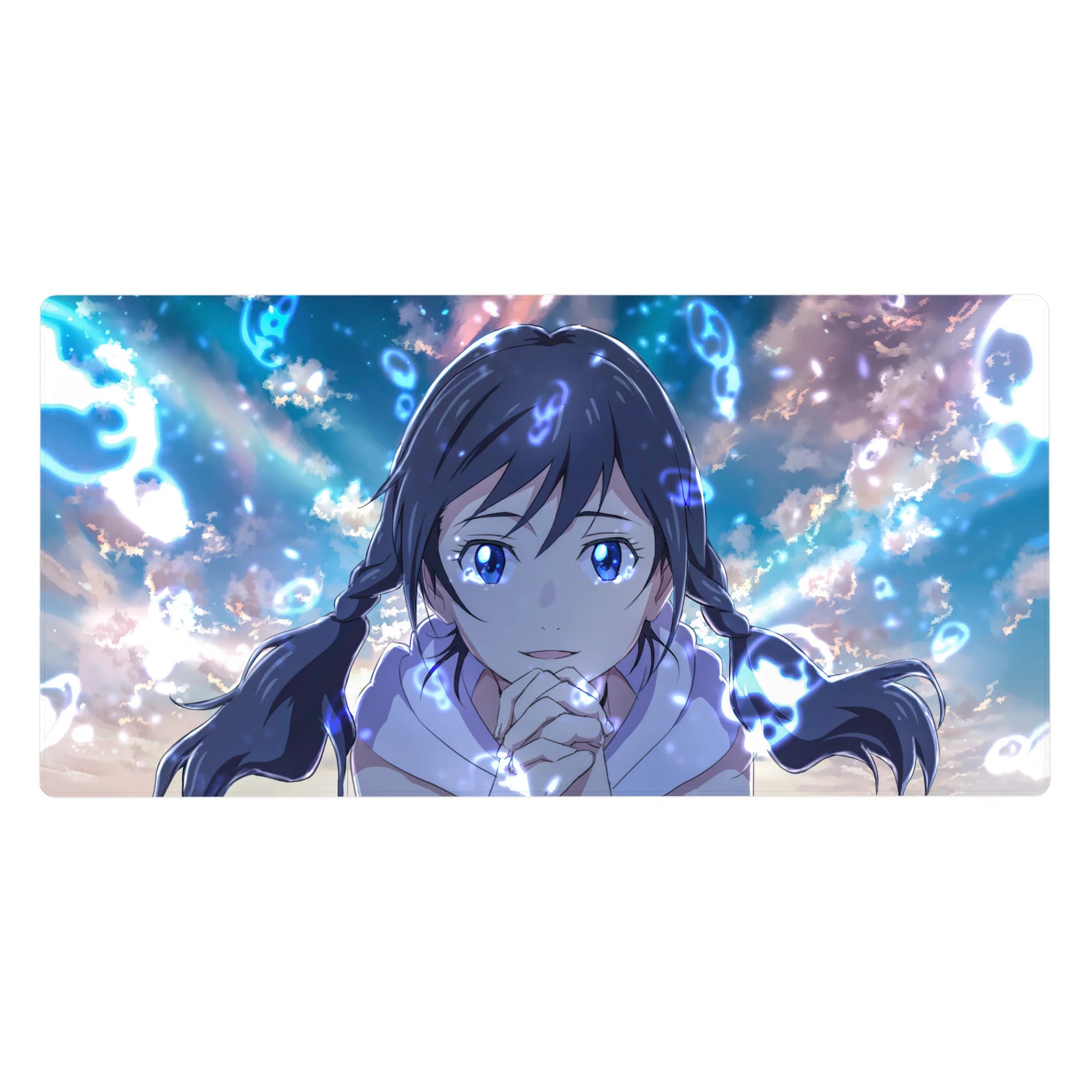 40x20 inches anime girl desk pad with twin-braided girl, sapphire eyes, clouds and glowing runes.
