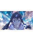 40x20 inches anime girl desk pad with twin-braided girl, sapphire eyes, clouds and glowing runes.