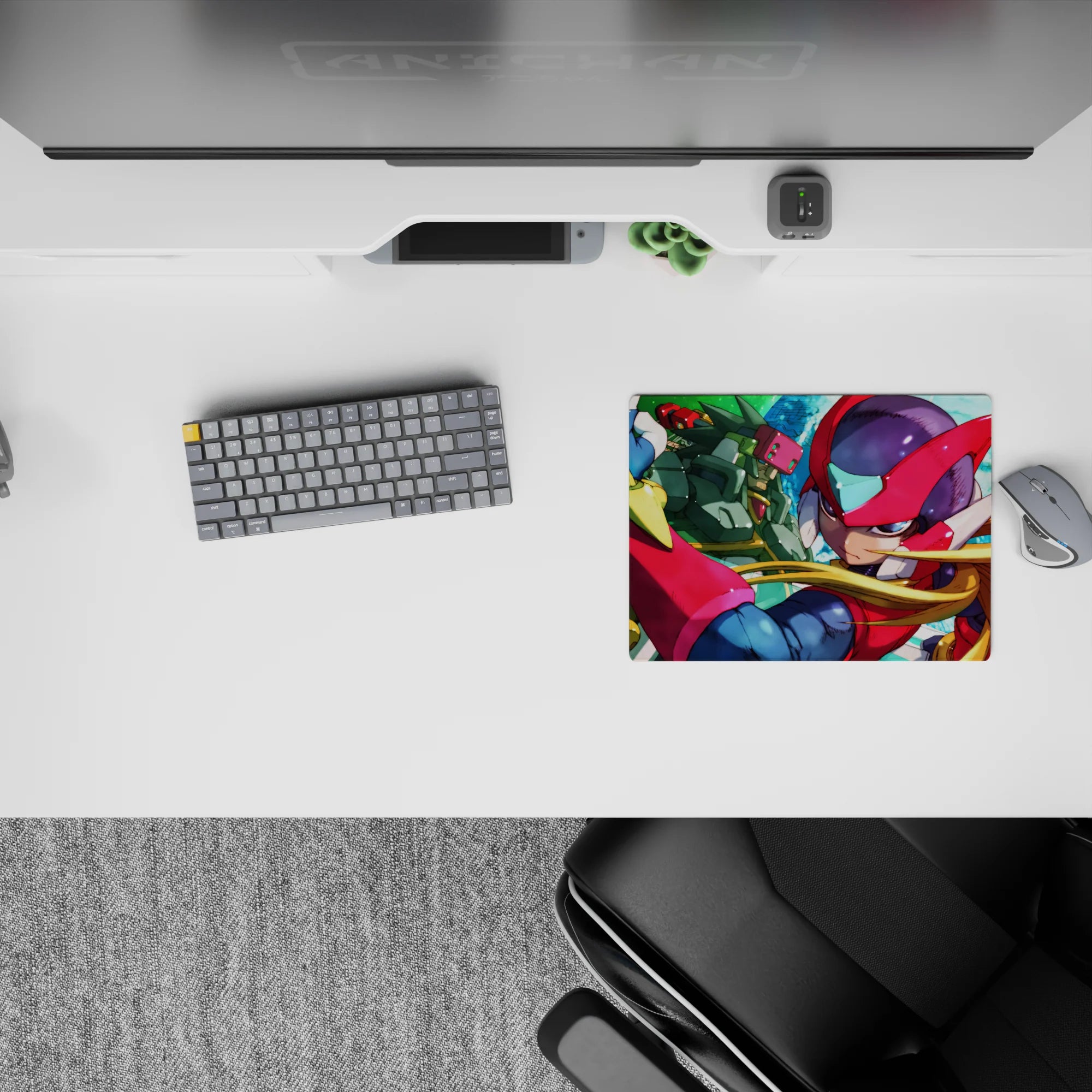 14x10 inches classic anime mouse pad in bold reds and greens, glossy armor highlights, fast heroic vibe.