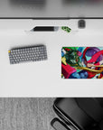 14x10 inches classic anime mouse pad in bold reds and greens, glossy armor highlights, fast heroic vibe.