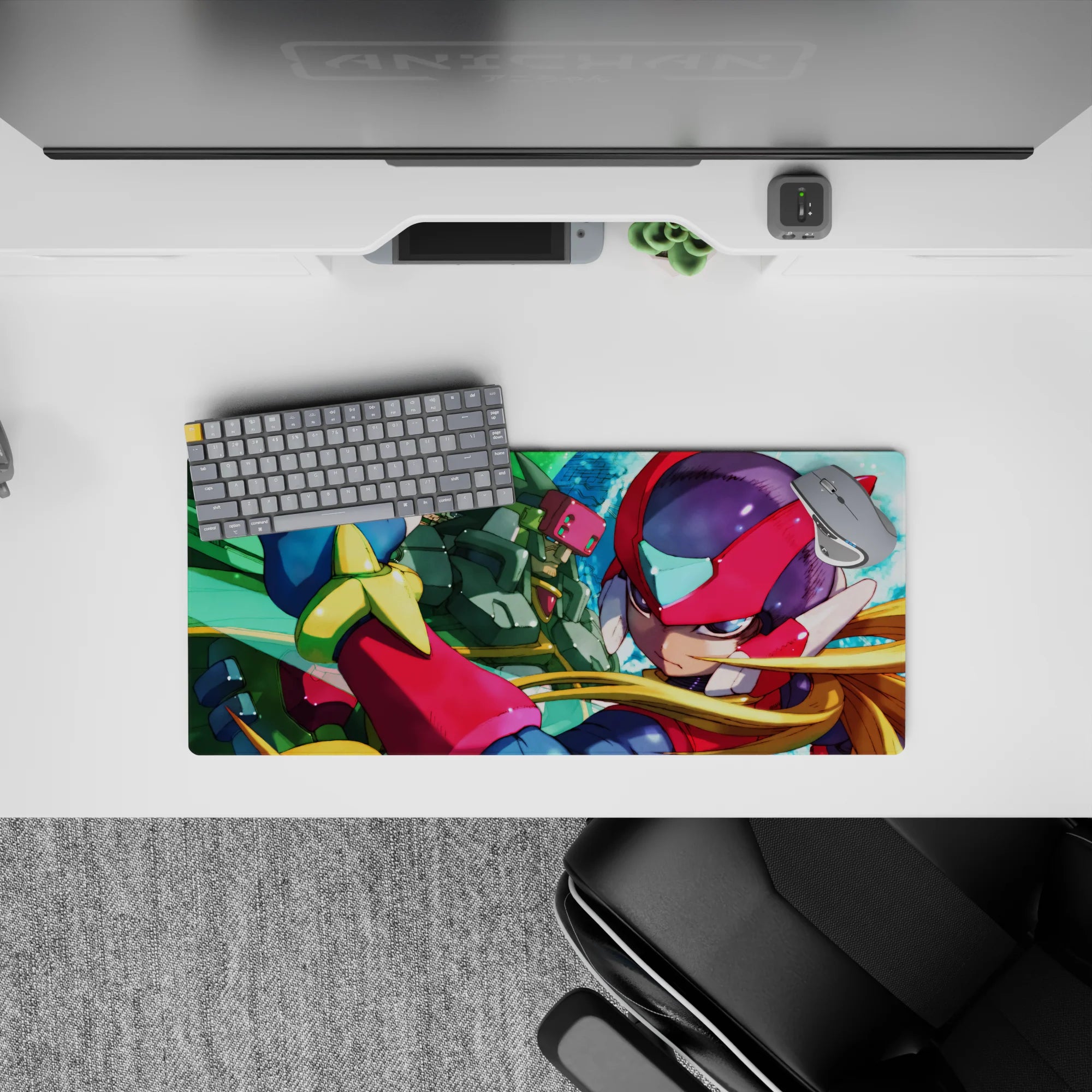 28x12 inches anime mouse pad in bold reds and greens with sharp highlights, fast heroic vibe on teal sky.