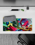 28x12 inches anime mouse pad in bold reds and greens with sharp highlights, fast heroic vibe on teal sky.