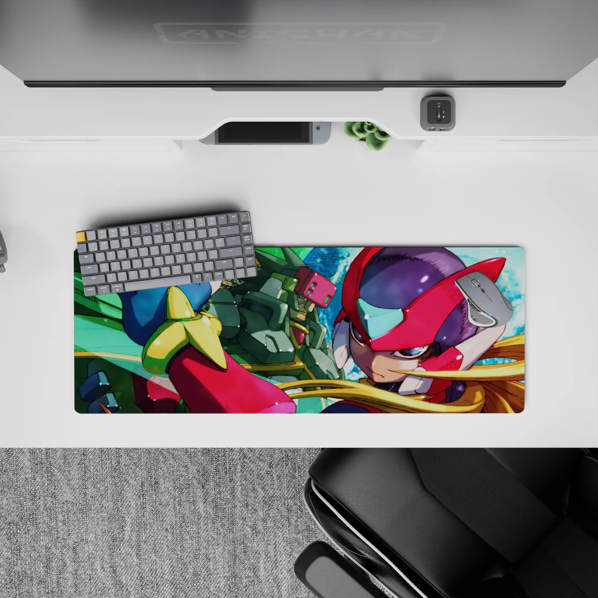 32x12 inches anime mouse pad in bold red, green, and teal with sharp highlights and fast, heroic vibe.