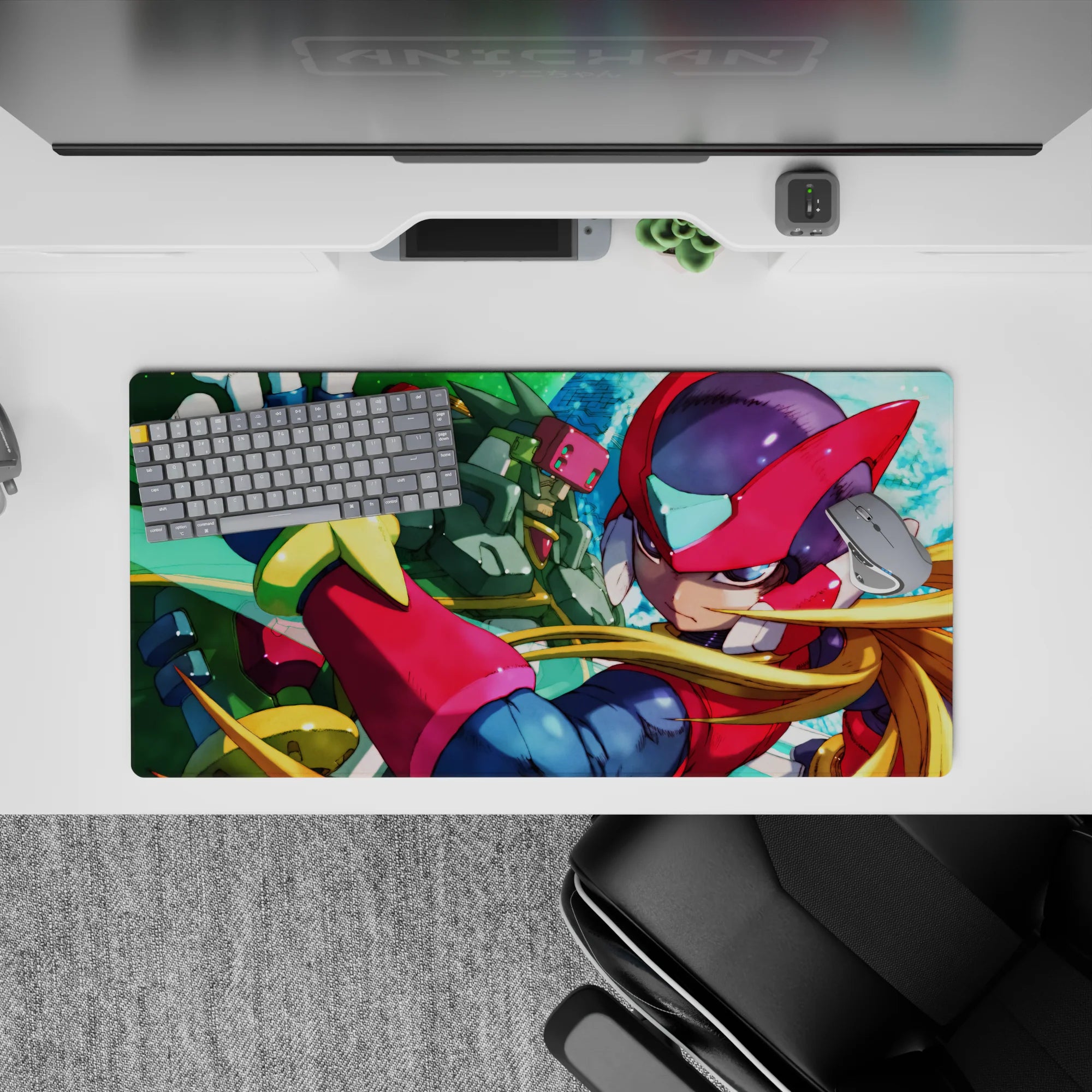 32x16 inches anime mouse pad in bold red and green with sharp highlights, teal sky, sleek circuit texture.