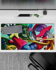 32x16 inches anime mouse pad in bold red and green with sharp highlights, teal sky, sleek circuit texture.