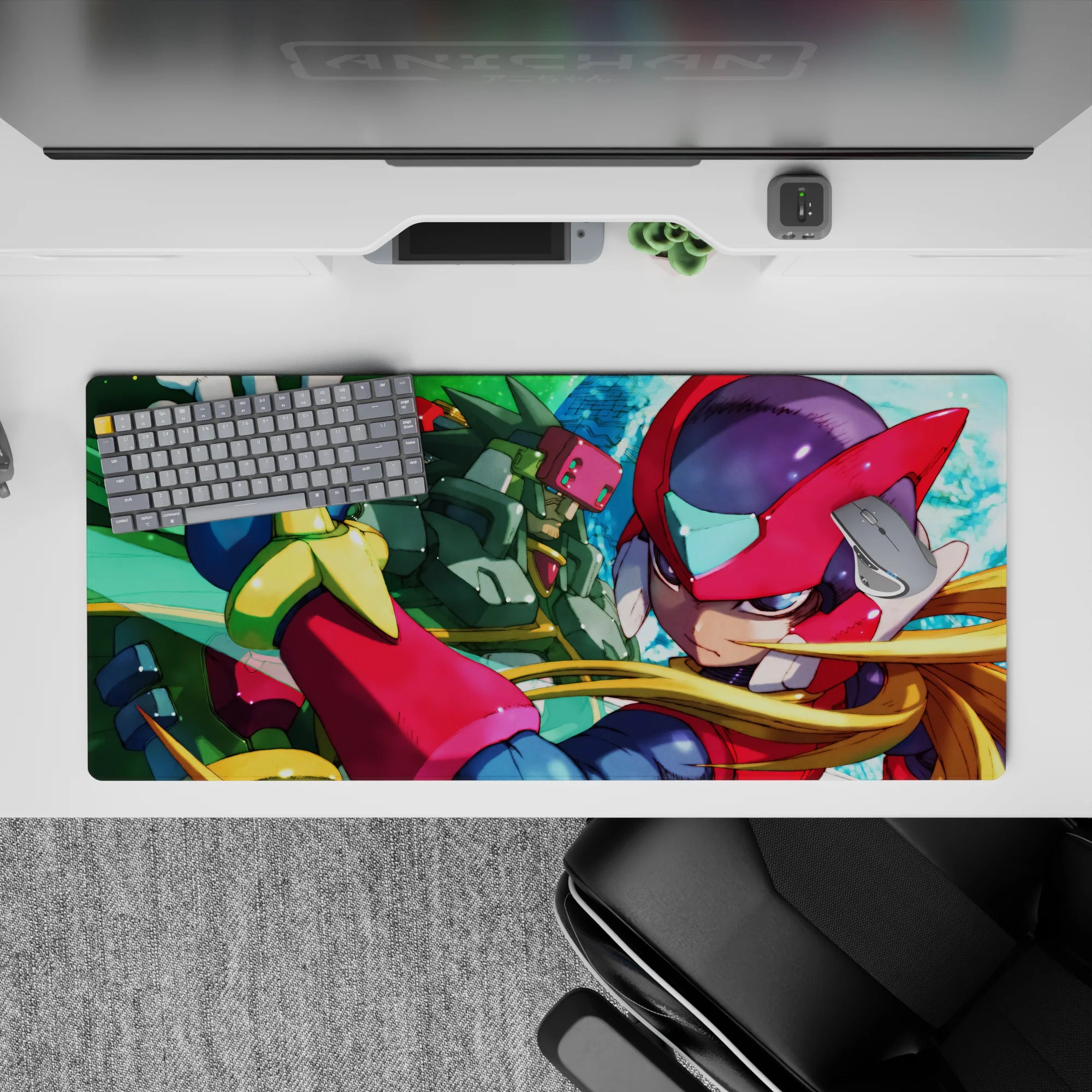 36x16 inches anime desk pad in bold reds and greens, sharp highlights, glossy armor, fast action feel.