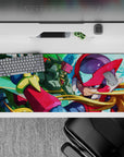 36x16 inches anime desk pad in bold reds and greens, sharp highlights, glossy armor, fast action feel.