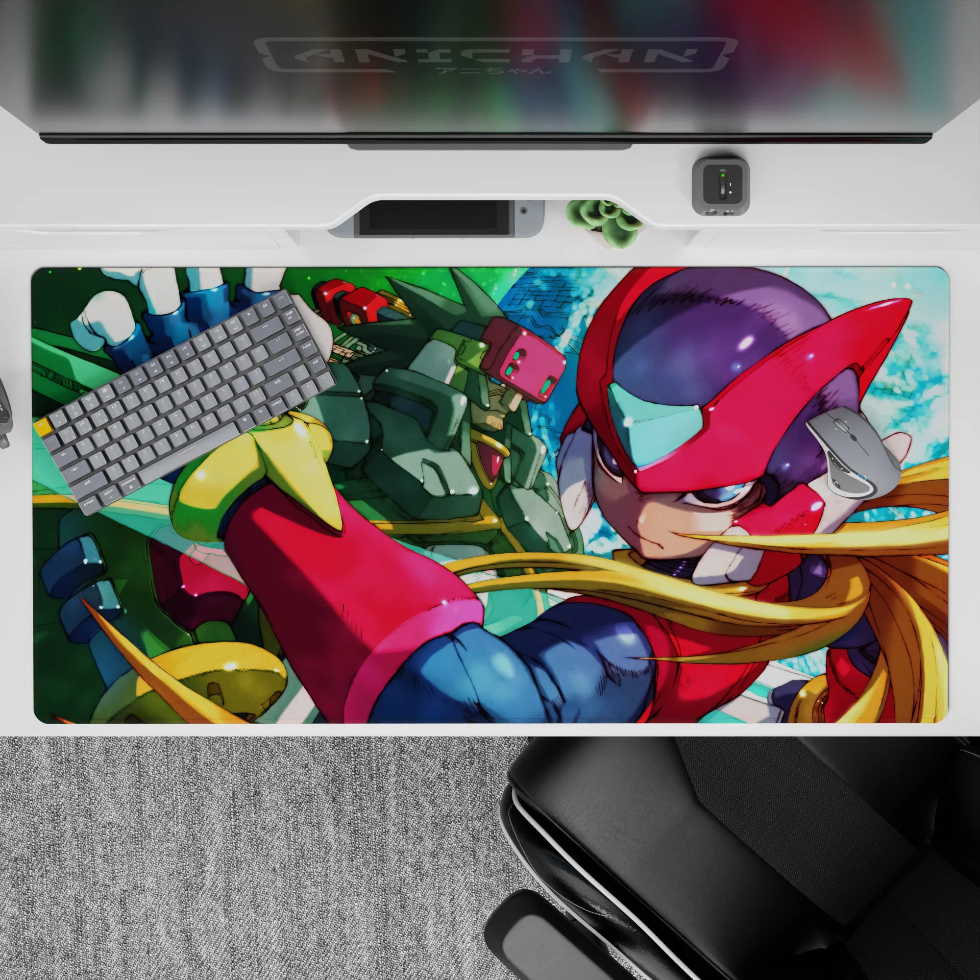 40x20 inches anime desk pad in bold red, green, and violet highlights with a fast heroic sci-fi vibe.