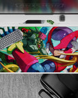 40x20 inches anime desk pad in bold red, green, and violet highlights with a fast heroic sci-fi vibe.