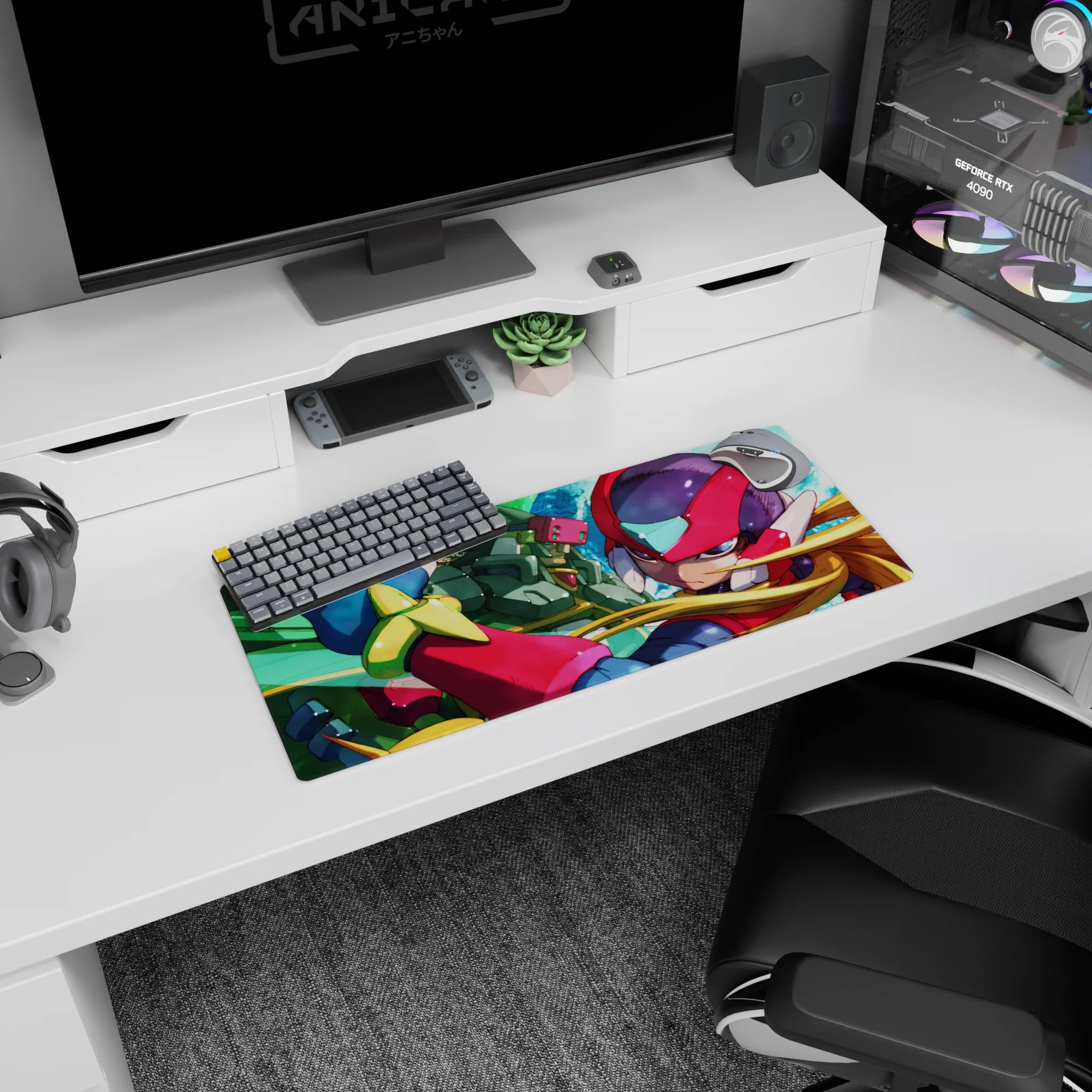 28x12 inches anime mouse pad showing Zero bursting forward beside a green ally, blond hair streaming, close-up action.