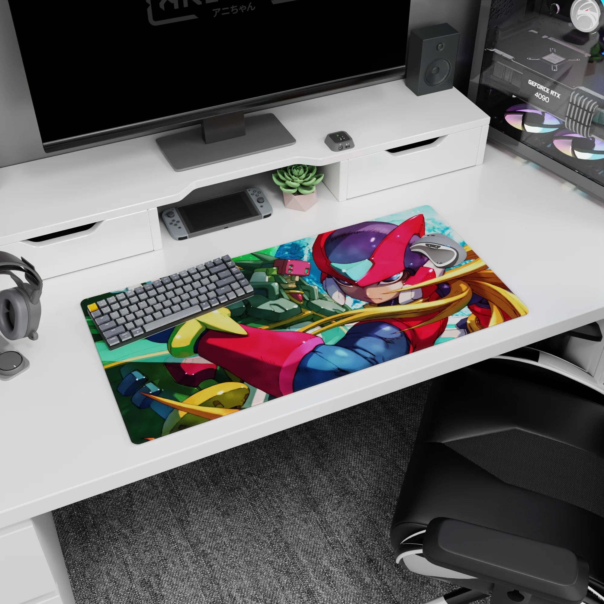 32x16 inches anime mouse pad showing Zero bursting forward, crimson helmet and long blond hair, ally beside.