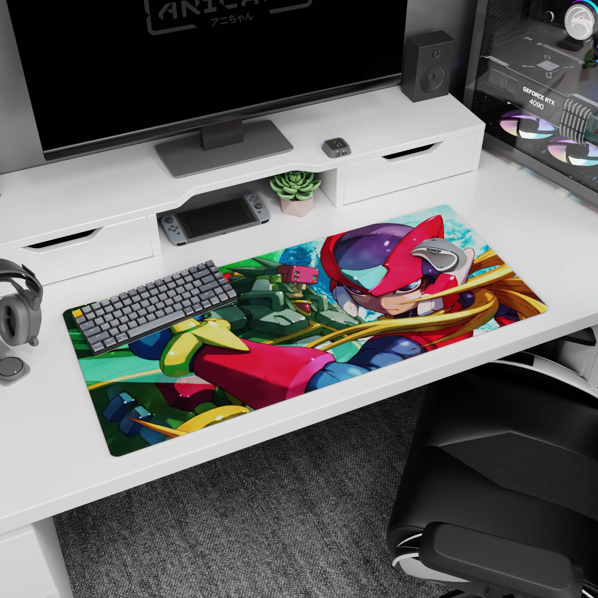 36x16 inches anime desk pad showing Zero dashing with blond hair flowing beside a green armored ally.