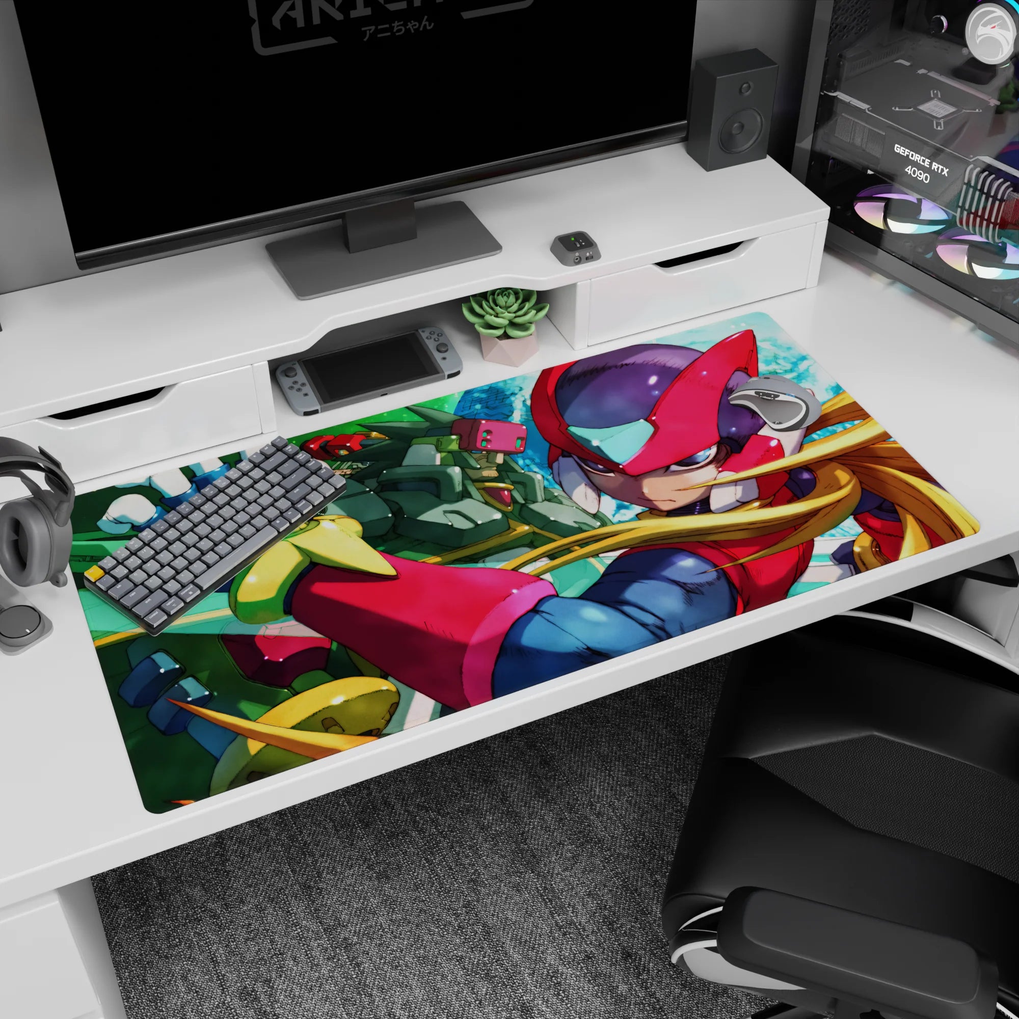 40x20 inches anime desk pad showing Zero bursting forward, blond hair streaming beside a green armored ally.