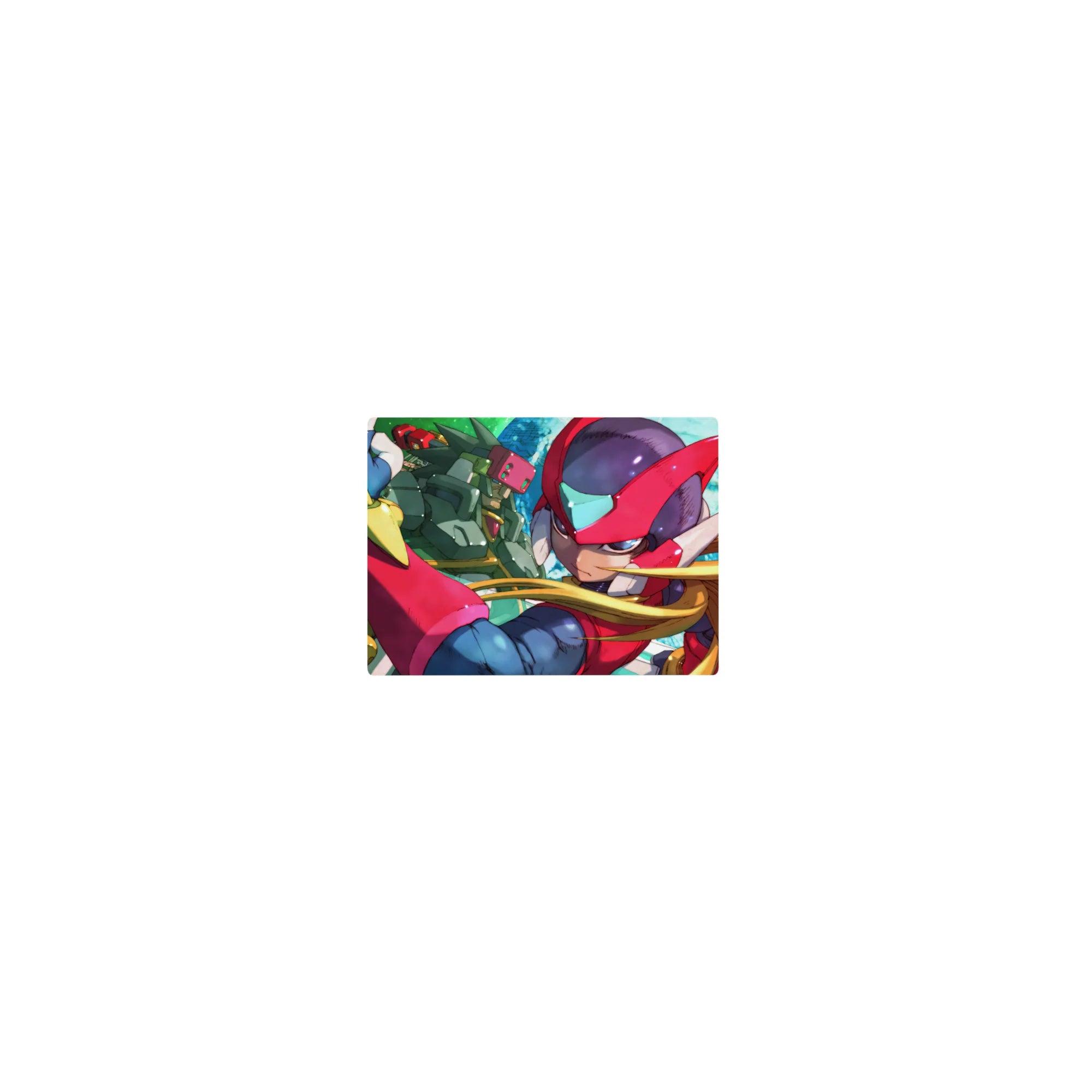 14x10 inches classic anime mouse pad with Zero and green Reploid ally, sci-fi circuits and teal sky.