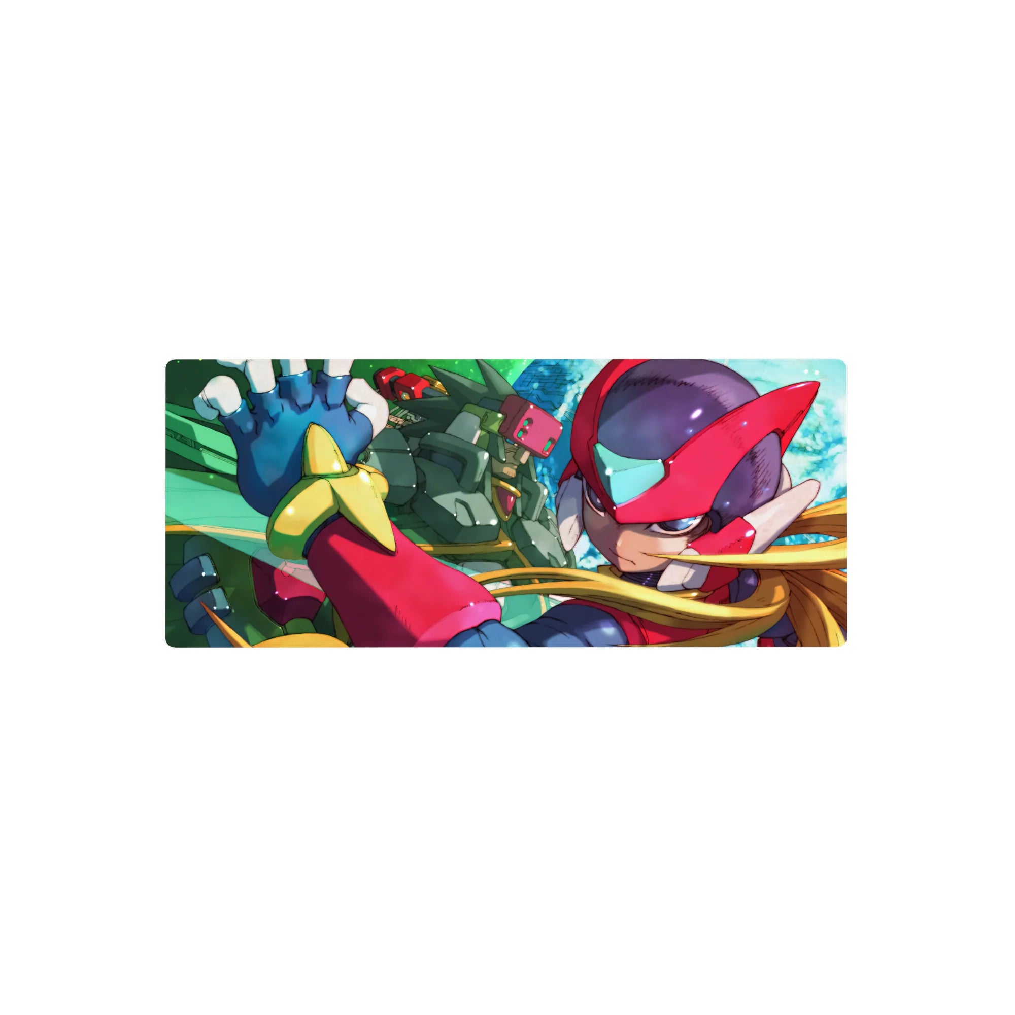 28x12 inches anime mouse pad with Zero and green Reploid ally, glossy armor, teal sci-fi circuitry backdrop.