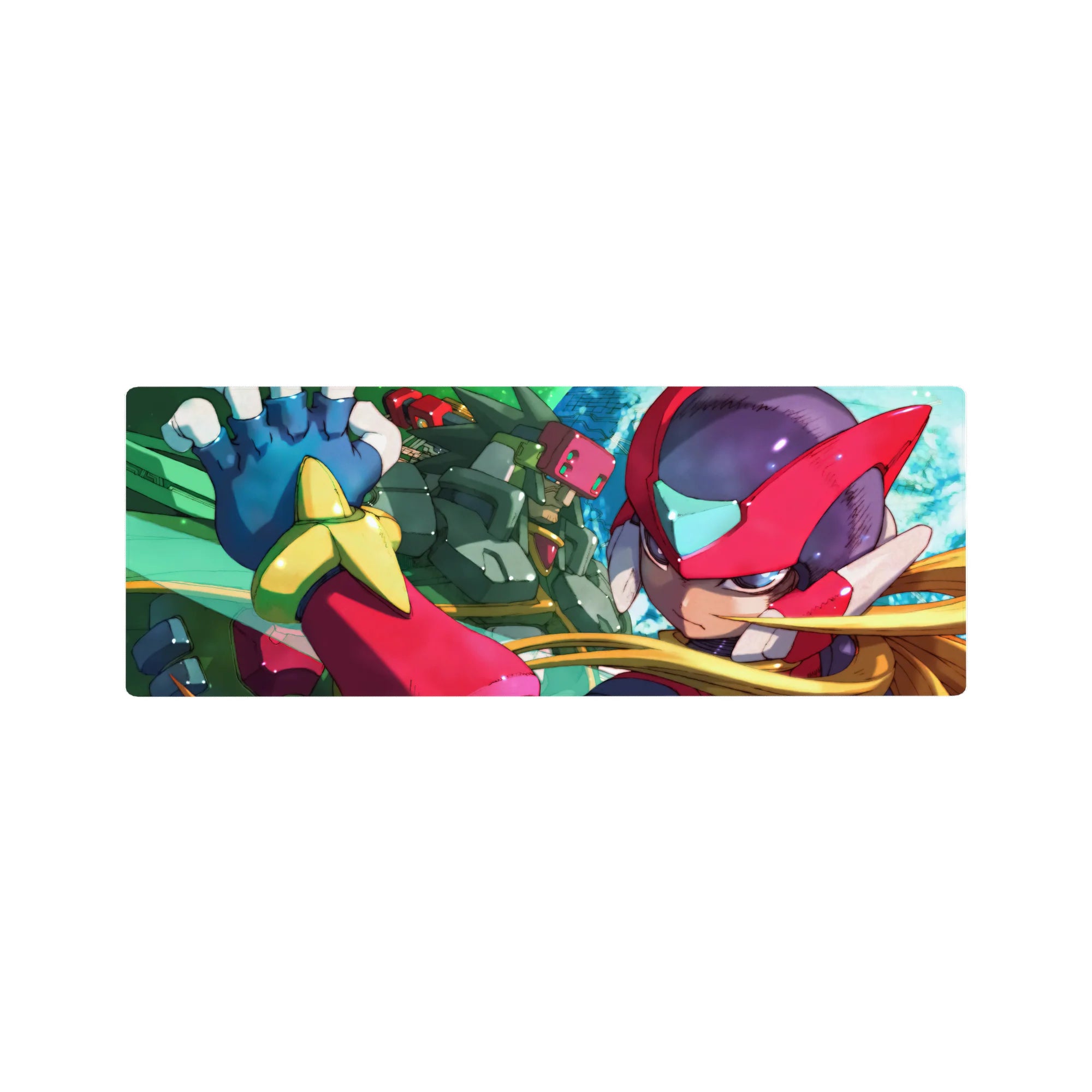 32x12 inches anime mouse pad with Zero and a green Reploid ally in a sleek sci-fi action scene.