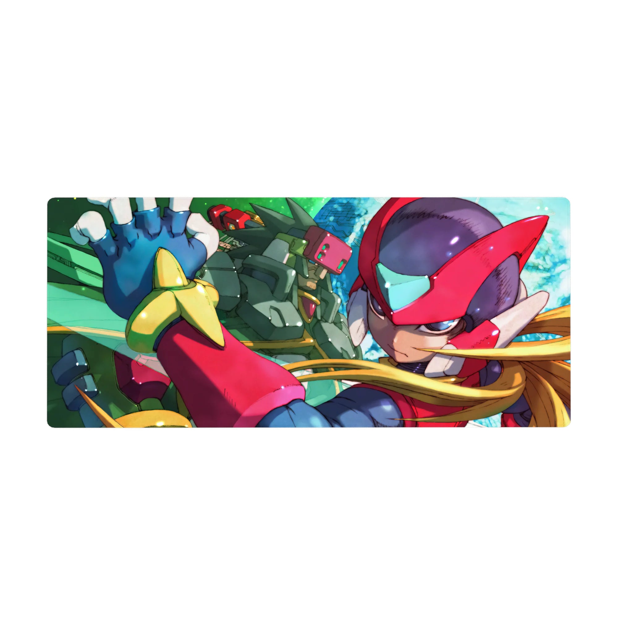 36x16 inches anime desk pad with Zero and green Reploid ally, teal sci-fi sky and circuit textures.