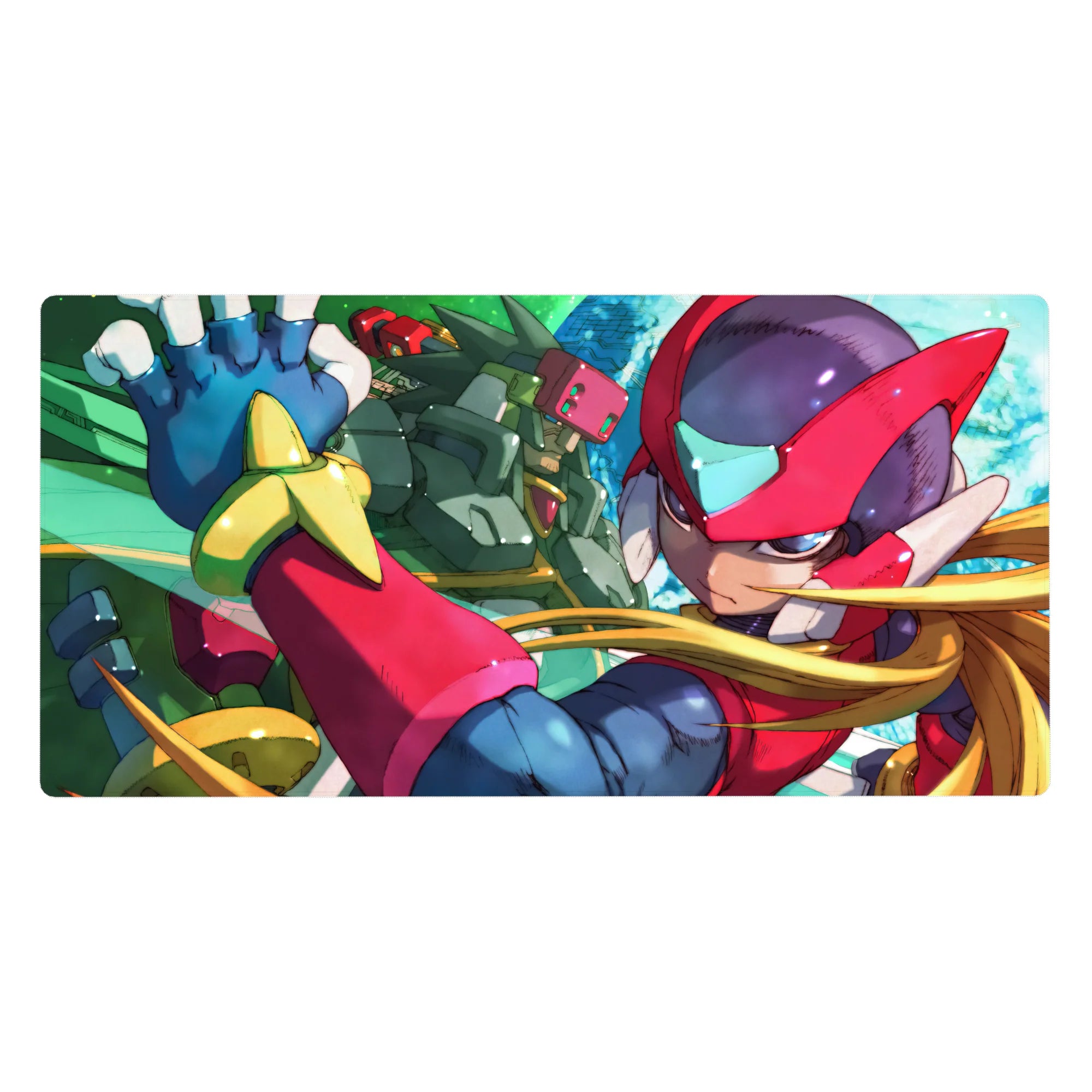 40x20 inches anime desk pad with Zero and green Reploid ally on a teal sci-fi circuit background.