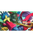 40x20 inches anime desk pad with Zero and green Reploid ally on a teal sci-fi circuit background.