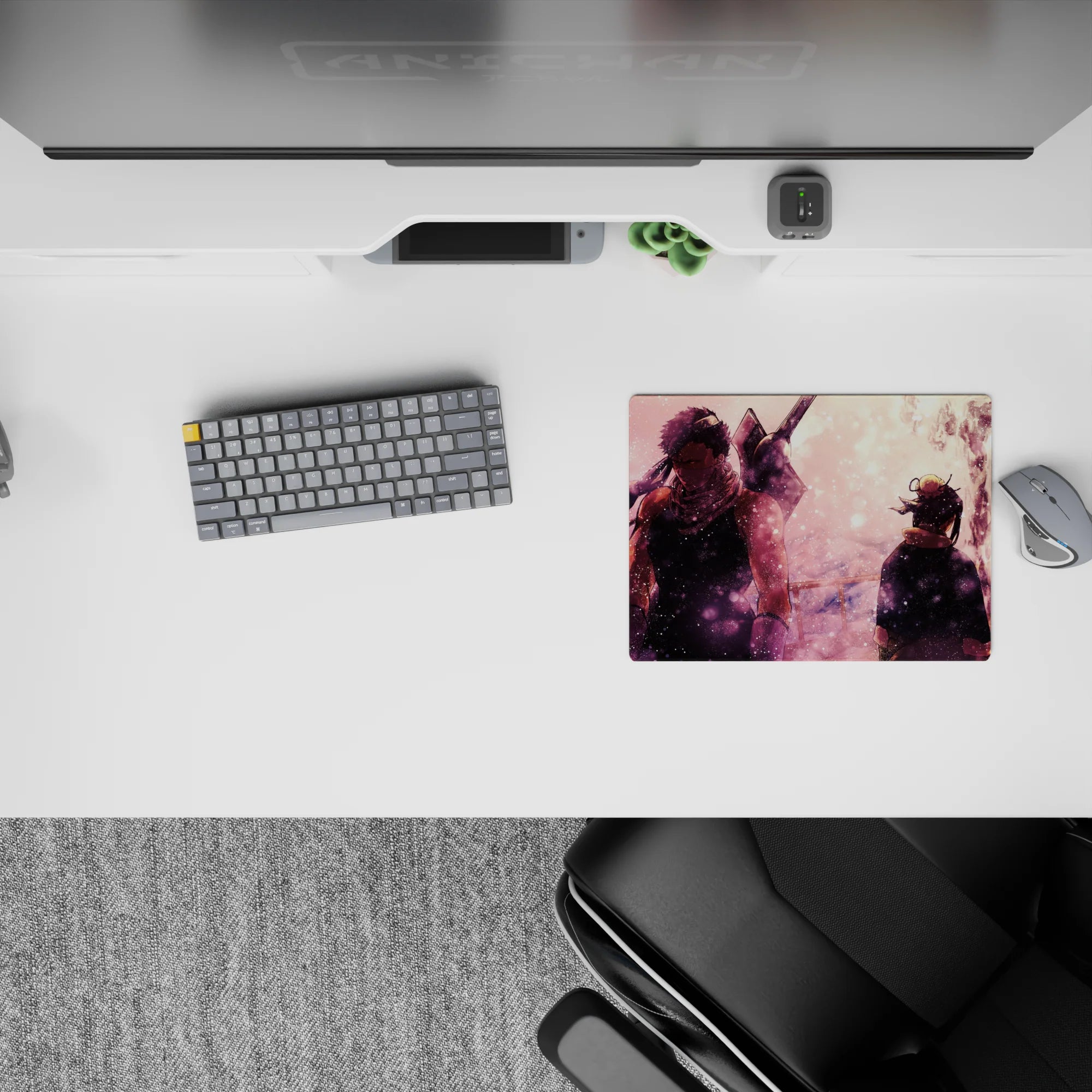 Cozy pastel pink sky anime mouse pad 14x10 inches with warm browns, deep blacks, and soft sparkles.