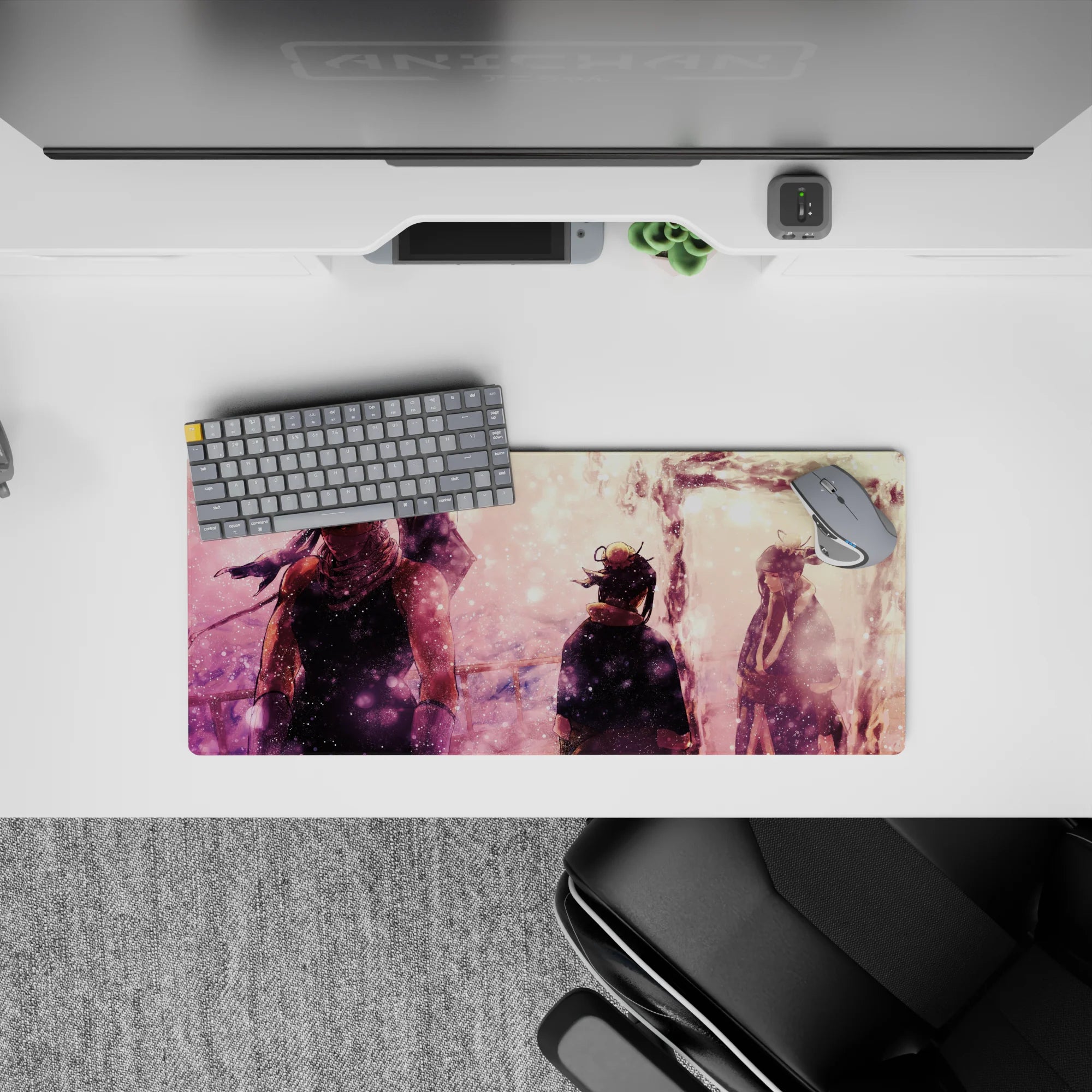 28x12 inches anime mouse pad in blush pink sky and pastel haze with cozy, nostalgic snow-like flecks.