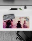 28x12 inches anime mouse pad in blush pink sky and pastel haze with cozy, nostalgic snow-like flecks.