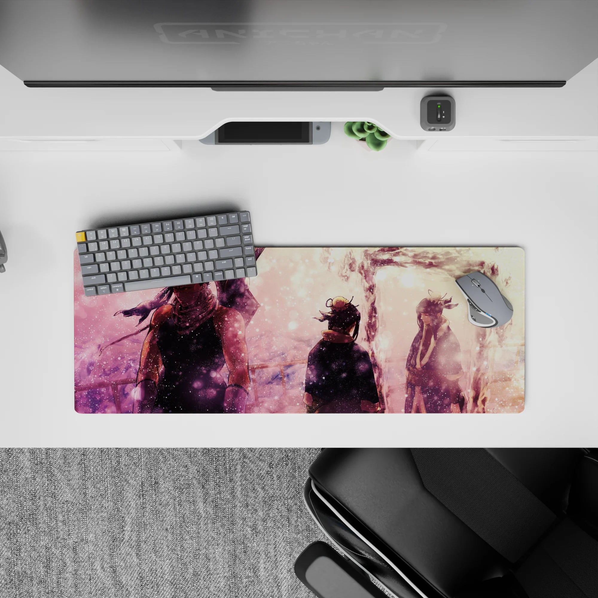 32x12 inches anime mouse pad in blush pink sky with soft sparkles, cozy late-night pastel mood.