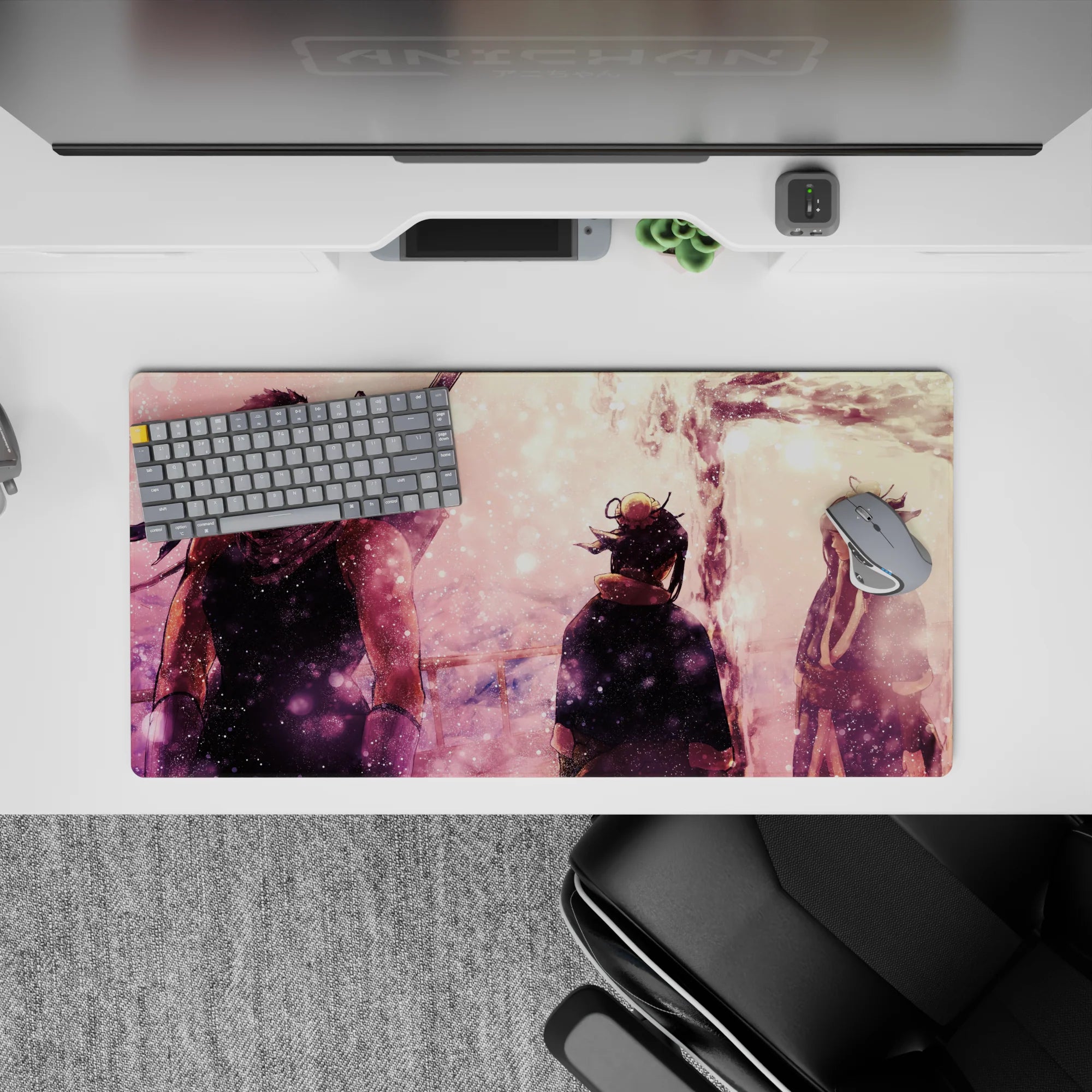 32x16 inches anime mouse pad in pastel pink haze with soft sparkles, cozy late-night mood and smooth glide.