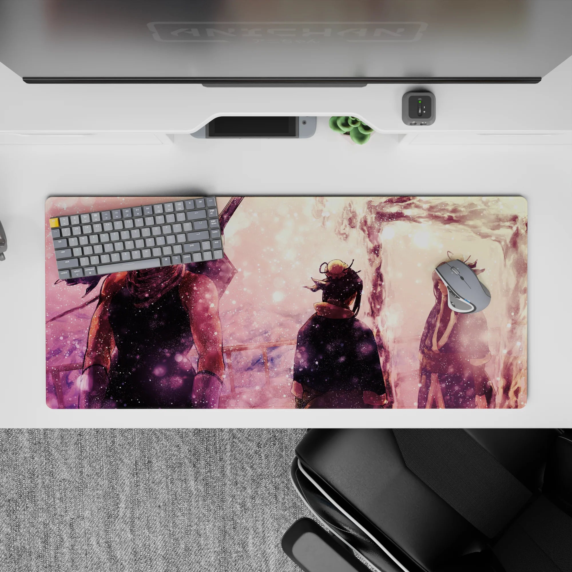 Cozy anime desk pad 36x16 inches in blush pink and warm browns with snow-like light flecks.