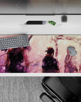 Cozy anime desk pad 36x16 inches in blush pink and warm browns with snow-like light flecks.