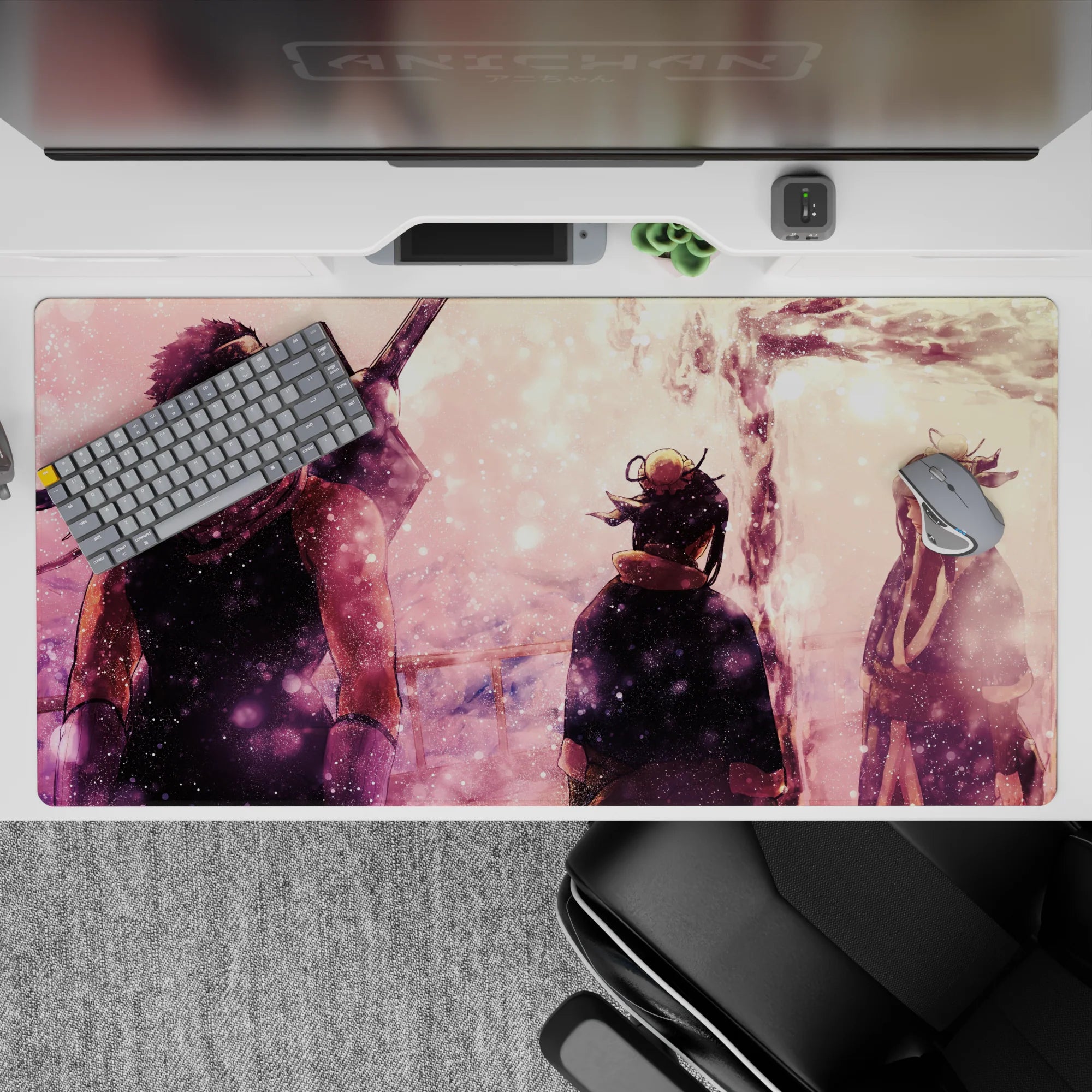 Pink sky anime desk pad 40x20 inches with snowy light flecks, cozy pastel haze, calm late-night mood.