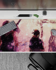 Pink sky anime desk pad 40x20 inches with snowy light flecks, cozy pastel haze, calm late-night mood.
