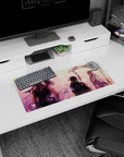 28x12 inches anime mouse pad showing three silhouetted characters in tense calm beside a luminous river.