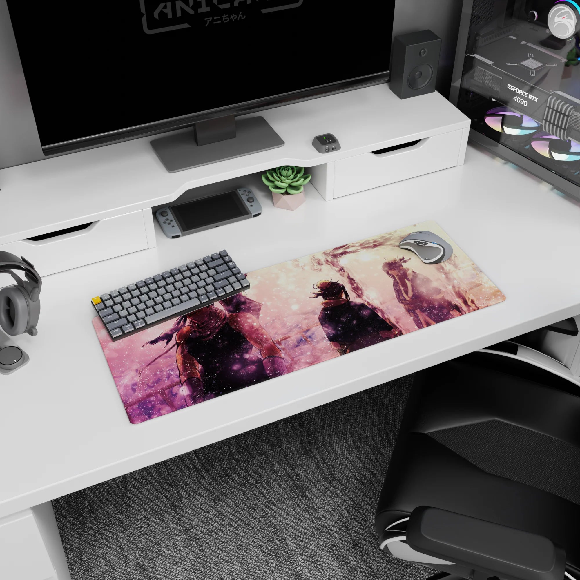 32x12 inches anime mouse pad showing three silhouettes in quiet tension beside a glowing white river.