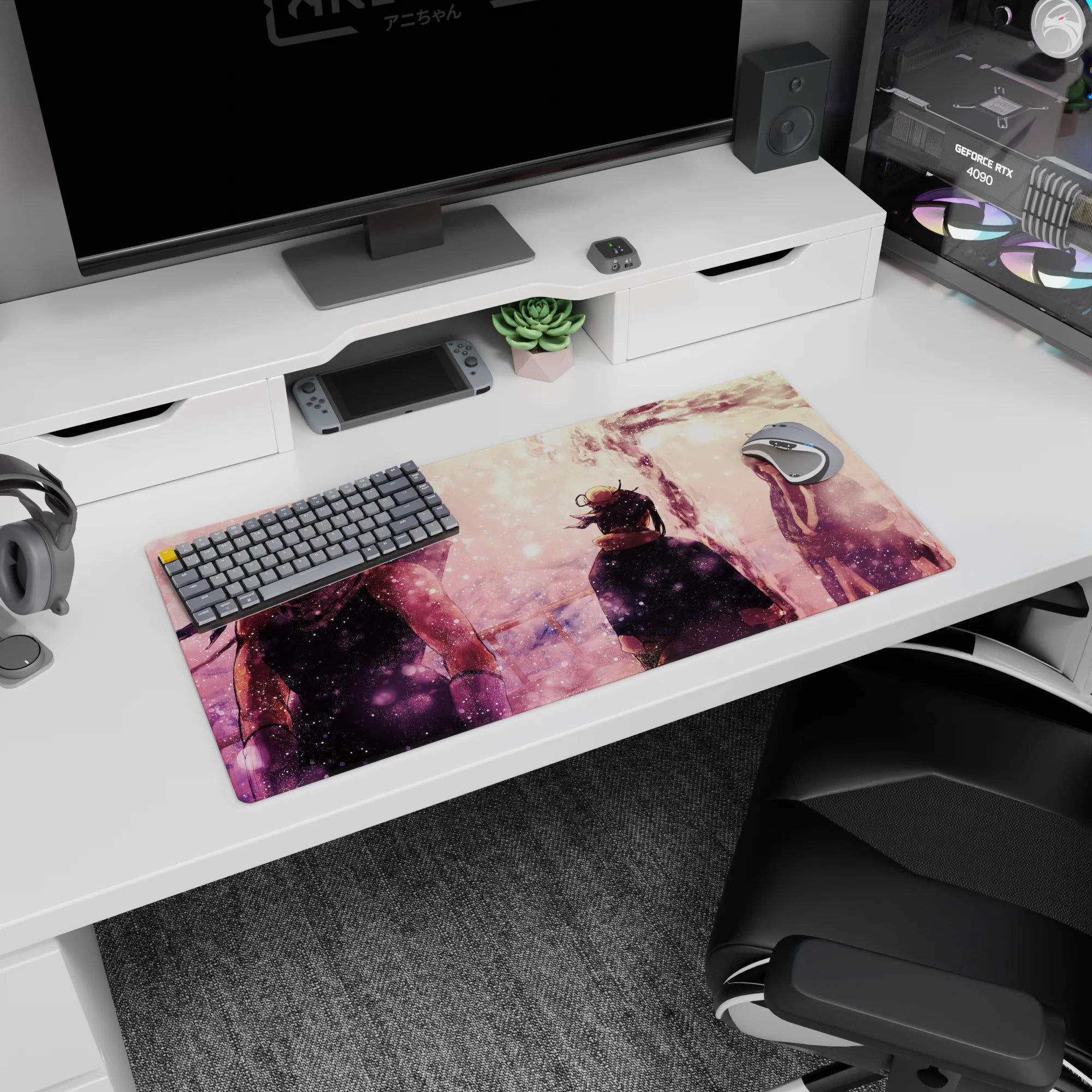 32x16 inches anime mouse pad showing three characters in quiet tension beside a bright white river at dusk.