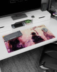32x16 inches anime mouse pad showing three characters in quiet tension beside a bright white river at dusk.