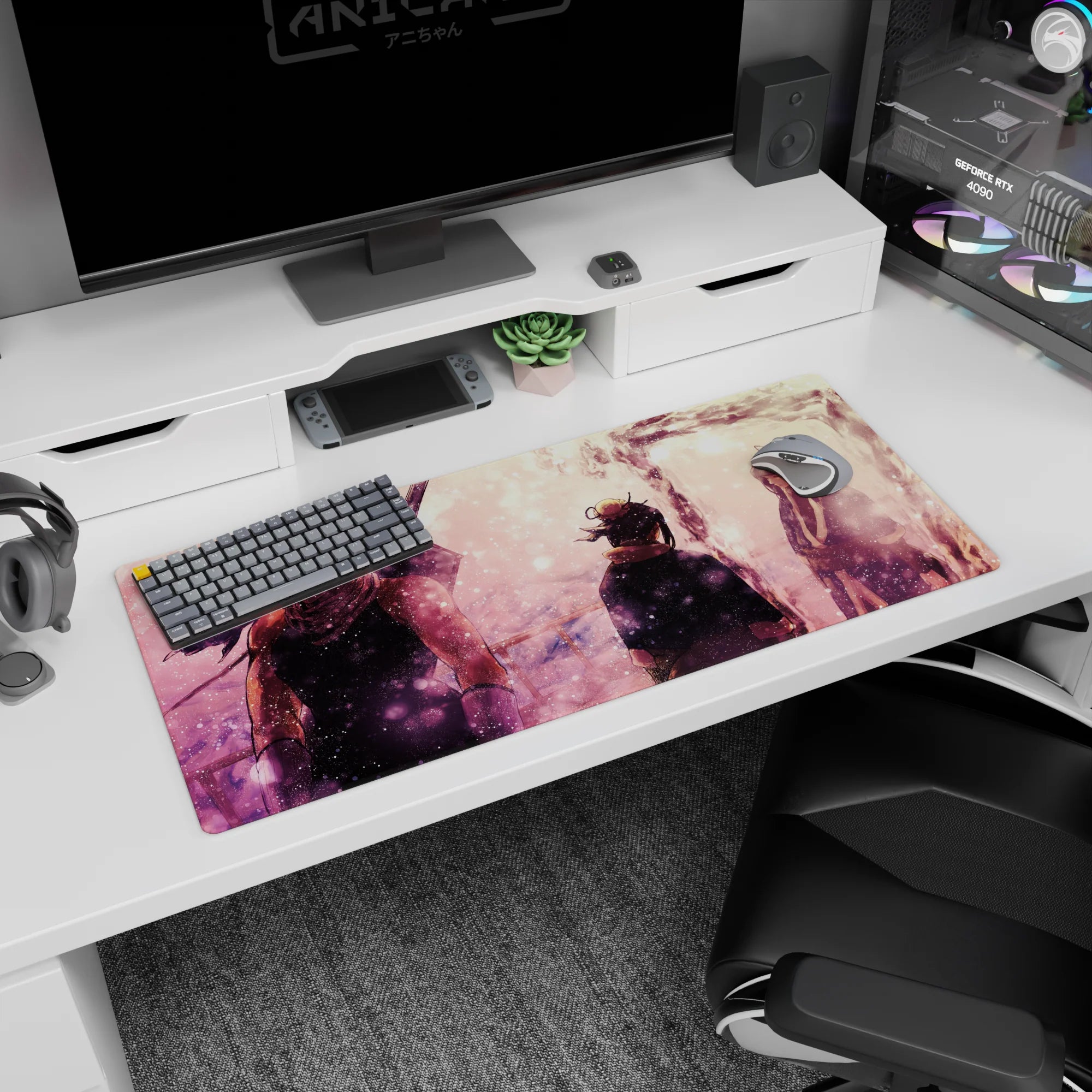 36x16 inches anime desk pad showing three silhouettes in tense quiet beside a bright white river.