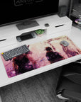 36x16 inches anime desk pad showing three silhouettes in tense quiet beside a bright white river.