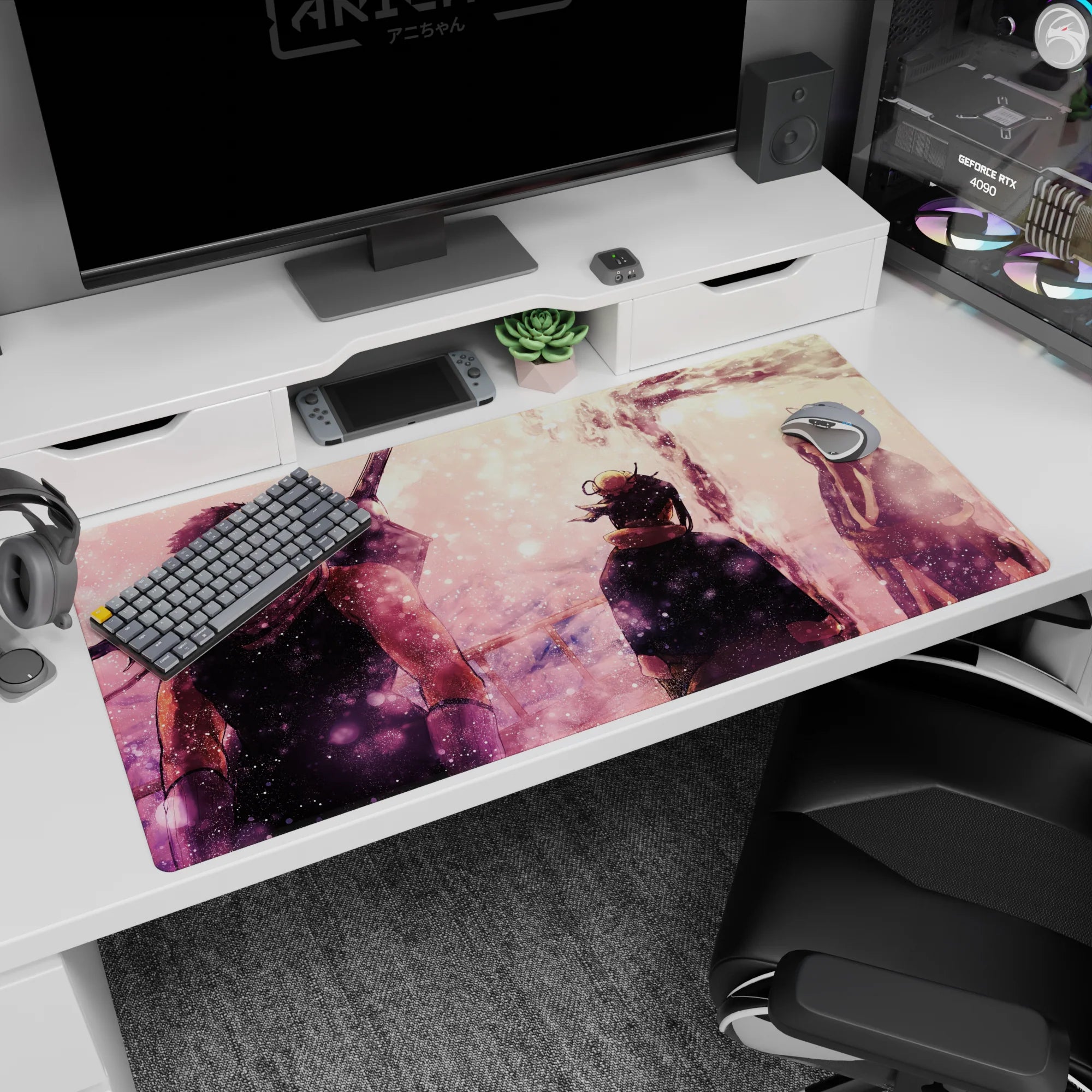 40x20 inches anime desk pad showing three shadowed figures in quiet tension beside a luminous river.